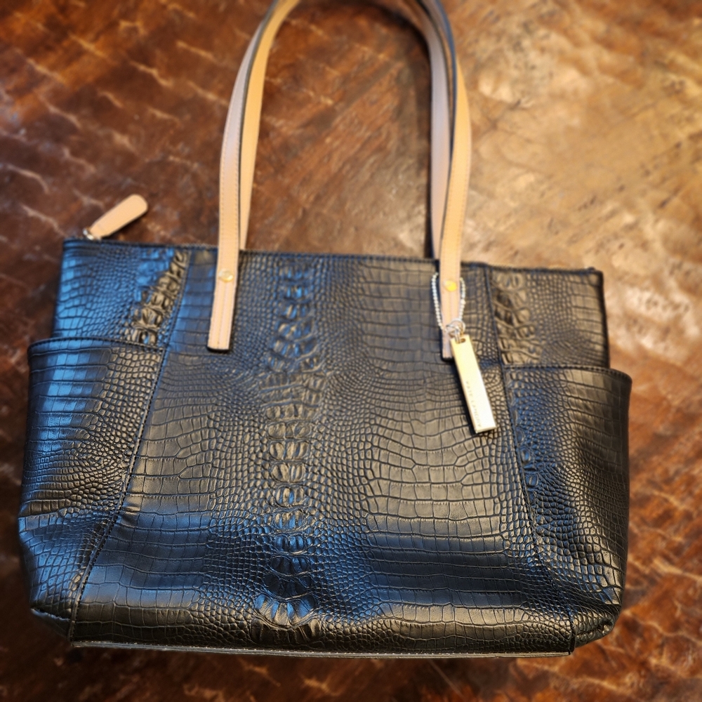 Kate Landry Elegant Black Crocodile Tote Bag Tan Handles End Pockets